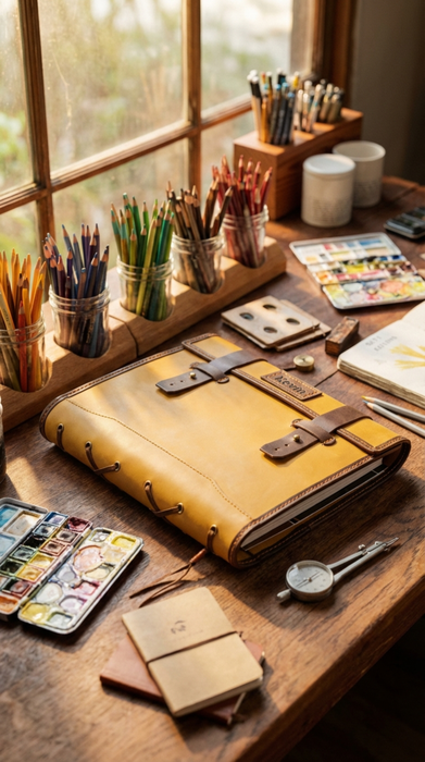 Golden Yellow Leather Sketchbook – Personalized Artist Organizer – Handmade Gift for Creatives by Mureli | A4 or 8.5x11 or 9×12