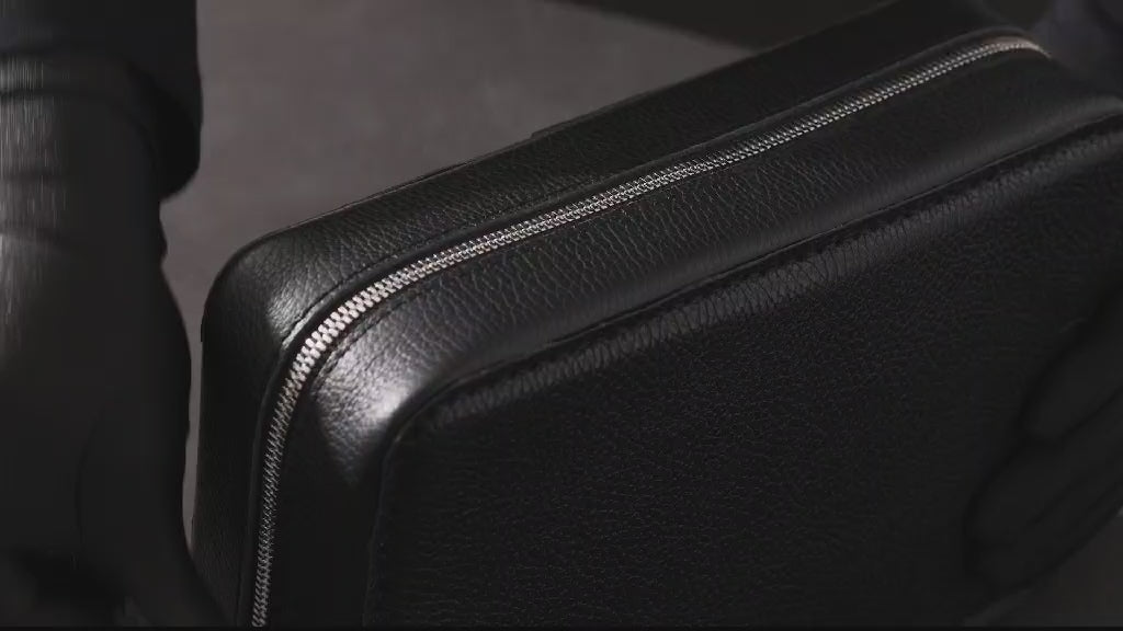 Black Leather Cigar Case with Zipper | Travel Cigar Holder with Oak Tray | Premium Gift for Hi