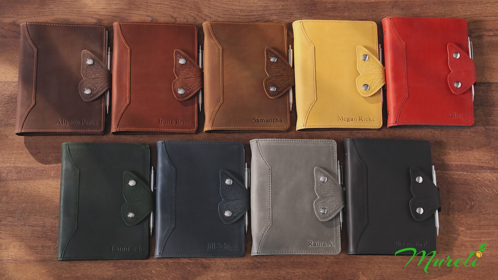 Mureli Green Leather Ring Binder Notebook, Butterfly Wing Closure, Custom Name, Refillable Planner Journal