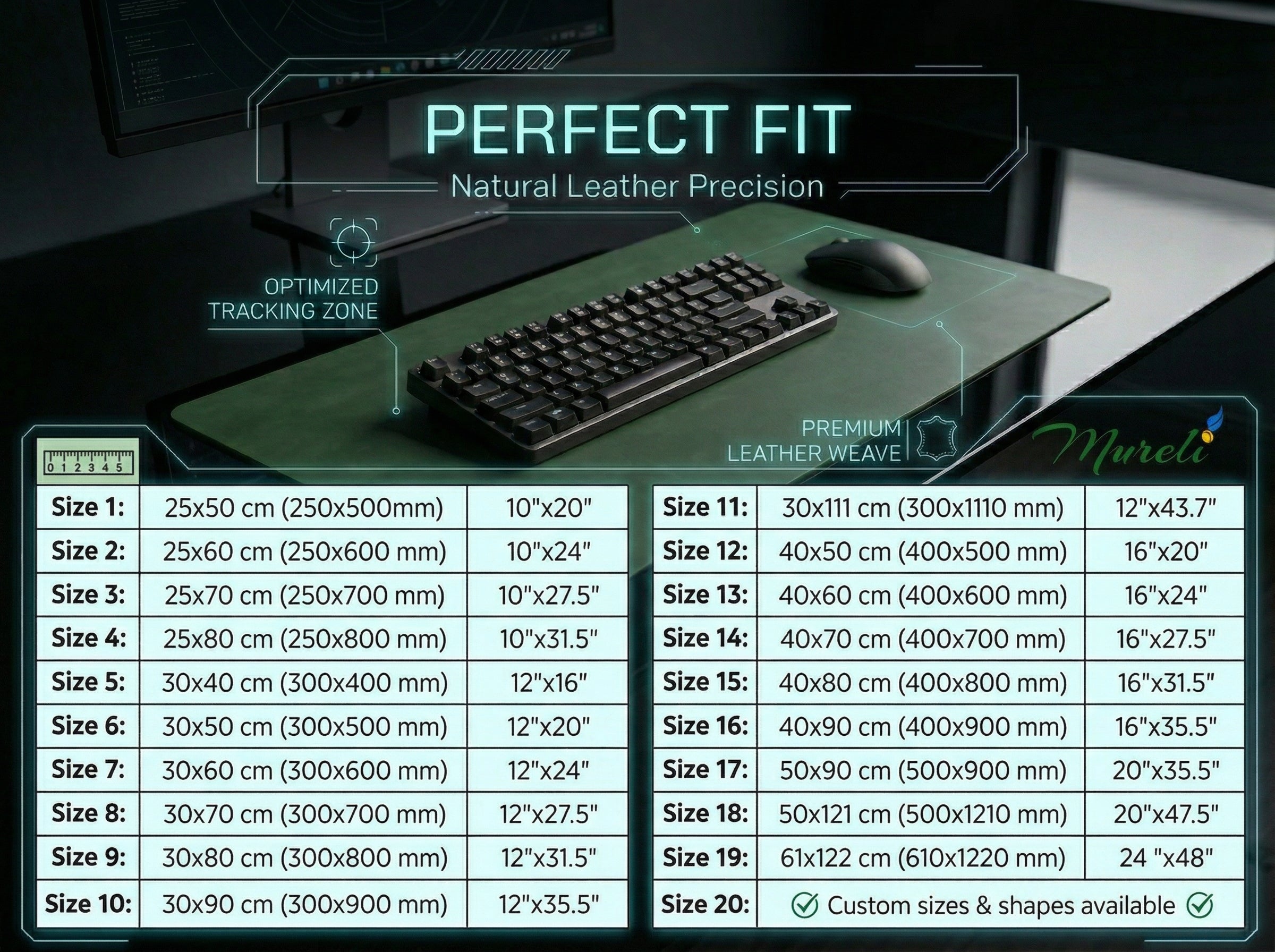 Keyboard mouse pad with size chart and product details on a dark background