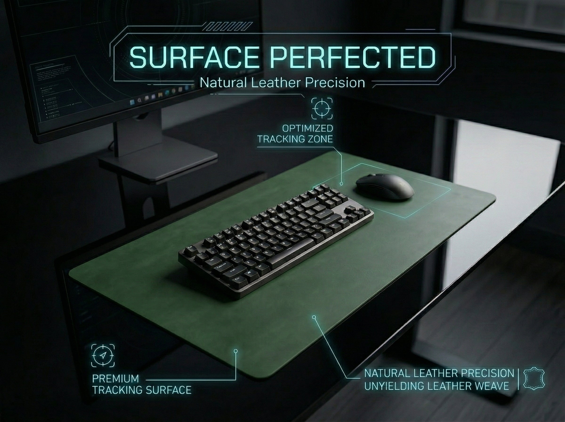 Green desk mat with keyboard and mouse, featuring text about surface perfection and leather precision.