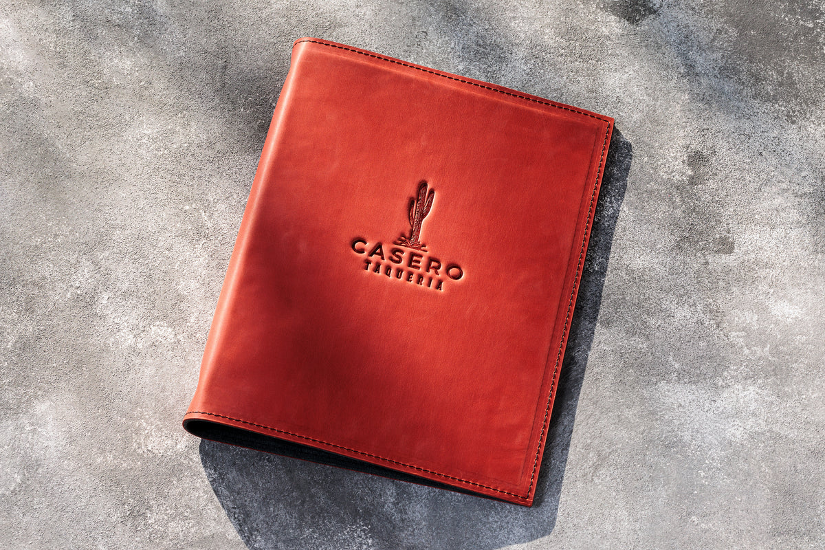 Red leather 3-ring restaurant menu binder with custom logo for A4 and US Letter menus