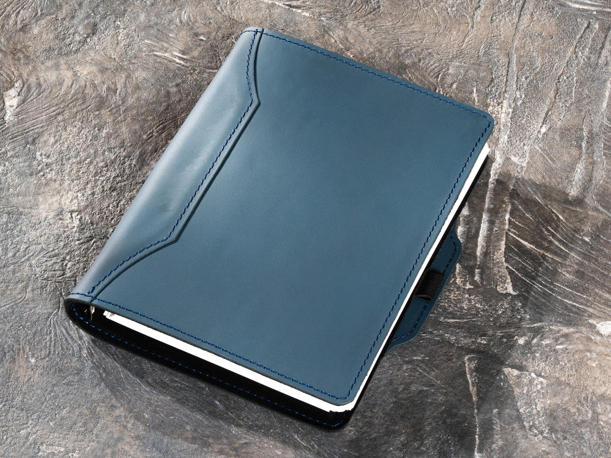 Slate Blue refillable A5 leather business notebook with stitched cover