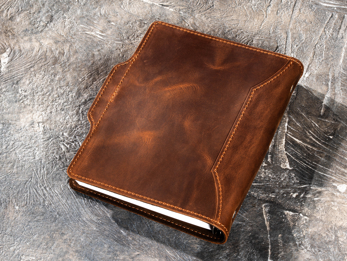 Back view of Milk Chocolate leather notebook with stitched wraparound cover