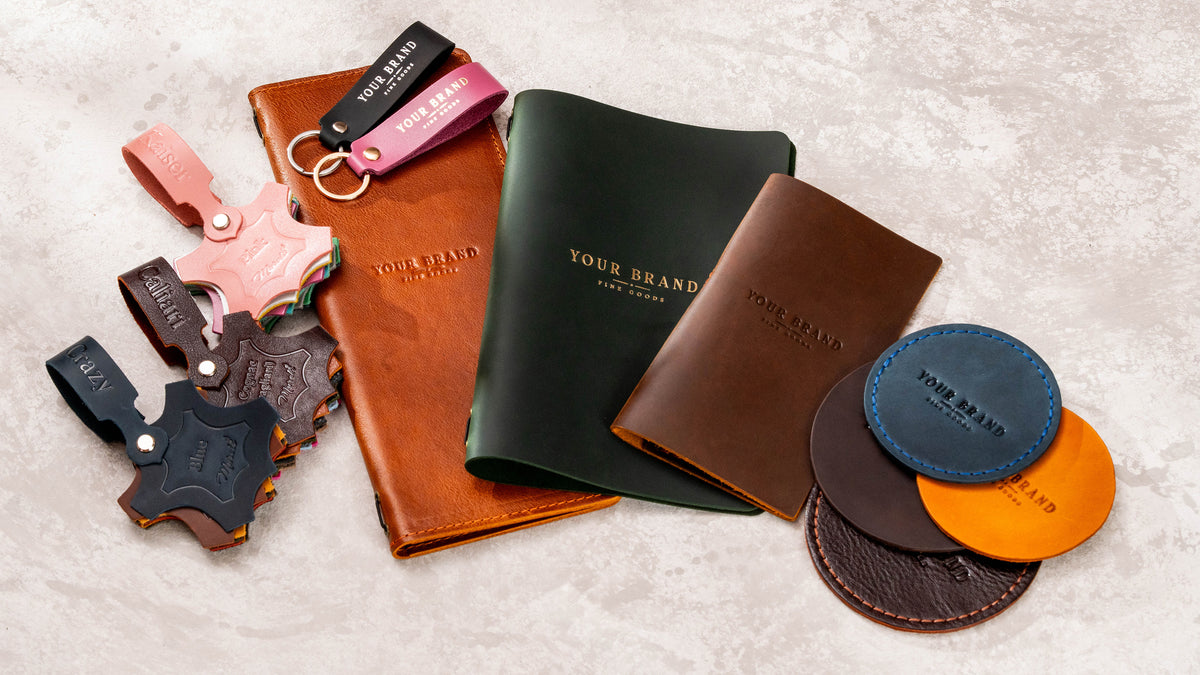 Restaurant leather sample kit with color swatches, branded menu covers, keychains, coasters and foil stamping examples