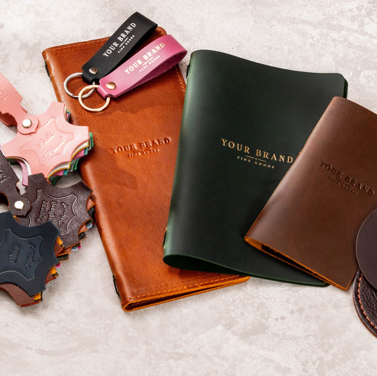 Branded restaurant leather sample kit with custom menu covers, leather color swatches and hospitality branding samples