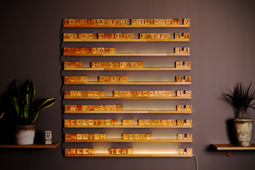 Backlit wall menu board for cafe and bar