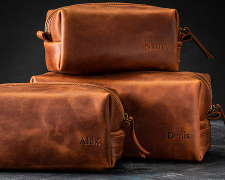 Handmade dark brown leather dopp kit – personalized travel organizer
