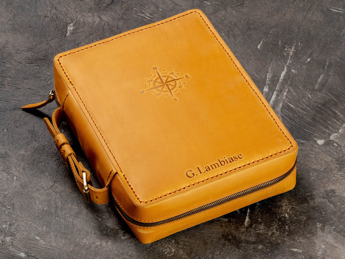 Personalized Golden Yellow leather travel organizer case with embossed compass, name and hand saddle stitching