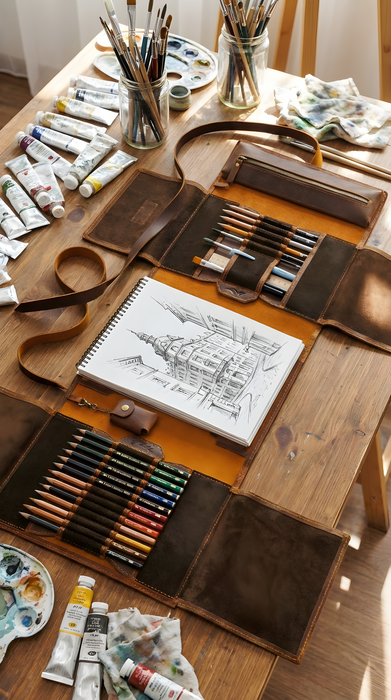 Luxury chocolate brown leather art organizer by Mureli