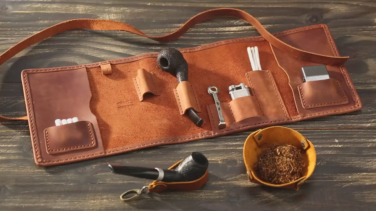 leather pipe tobacco pouch roll up - Pipe | Brown please select it from the selection box on the right side of the page Cognac Leather Tobacco Pipe Roll