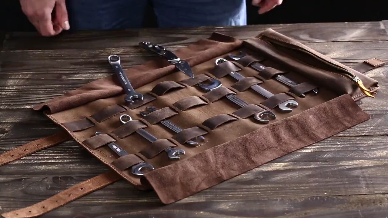 personalized leather tool roll up biker gift, toll bag roll gift for husband, tool kit repair kit case