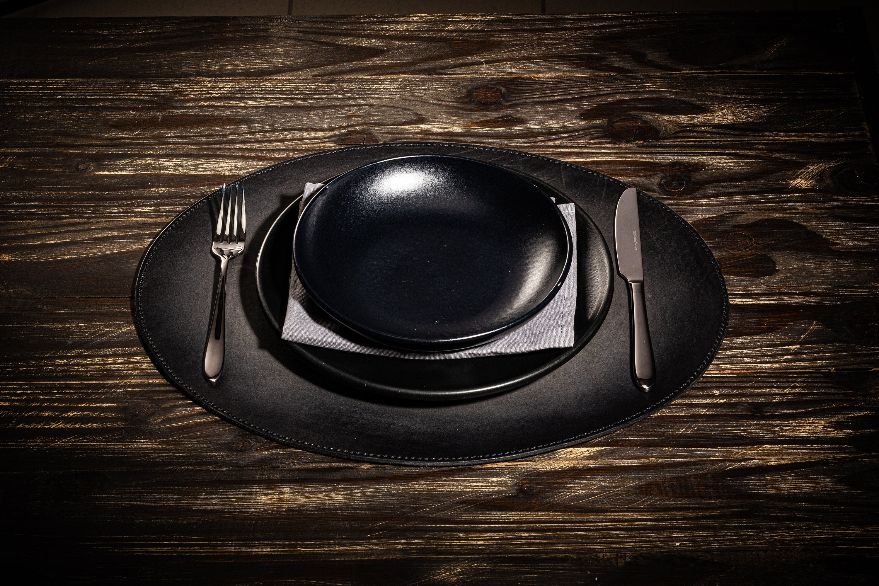 Handmade Oval Leather Placemats in Grey – Ideal for Round Tables