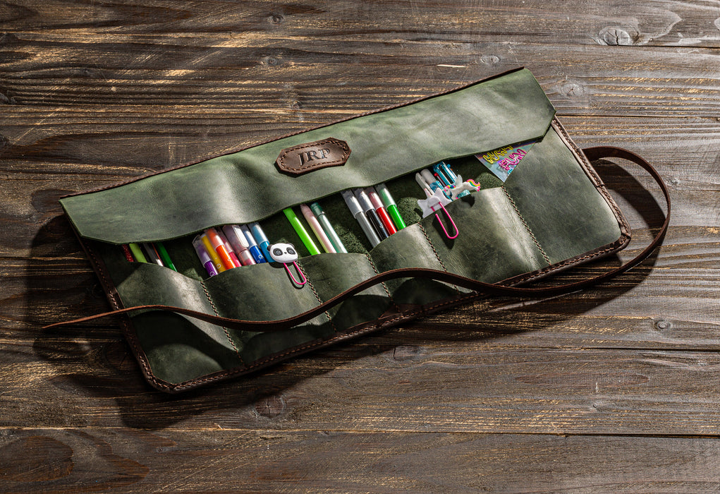 personalized leather pencil roll, pens roll, artist gift, painter gifts