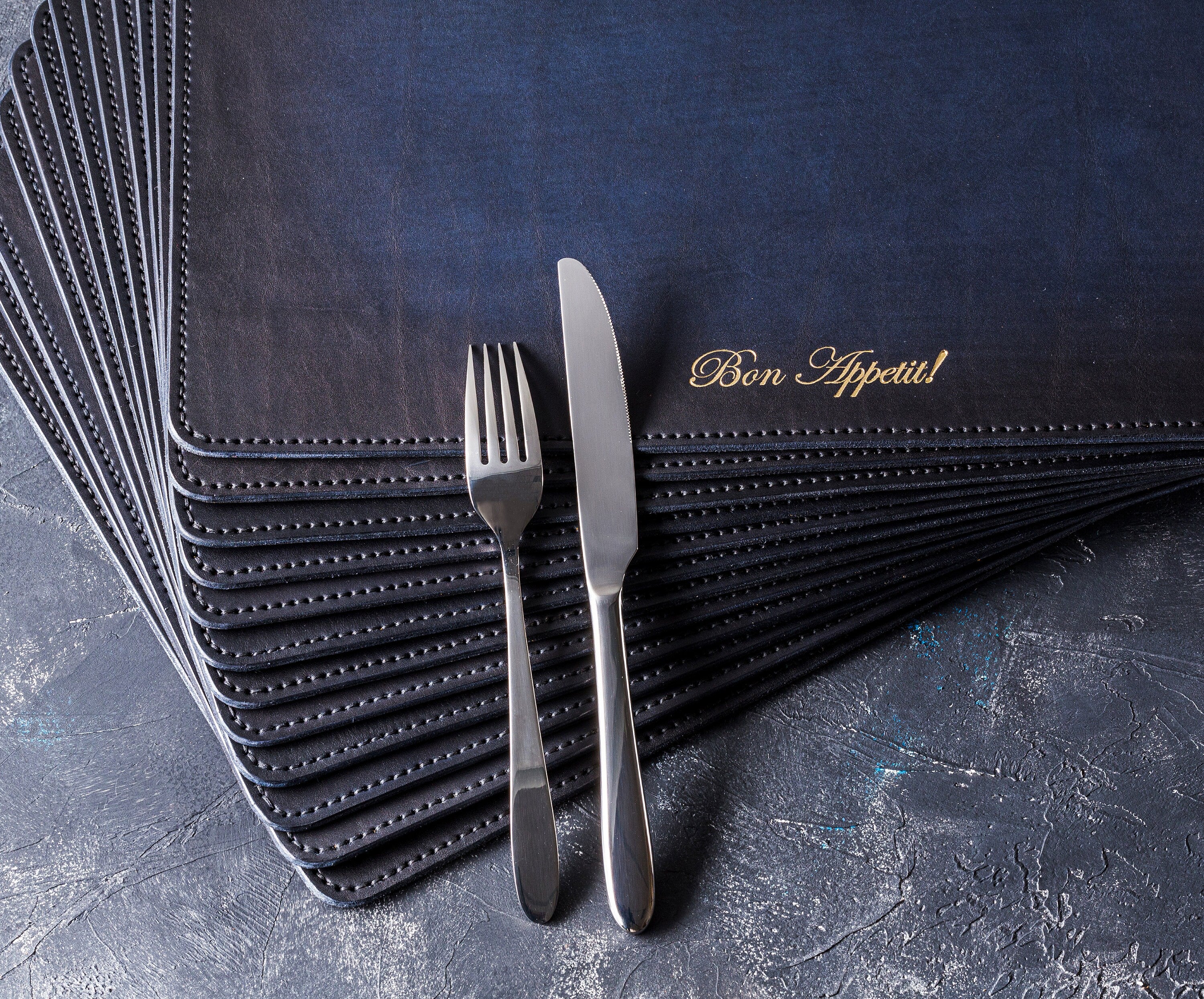 Dark Blue Leather Table Mats – Bon Appétit Debossed