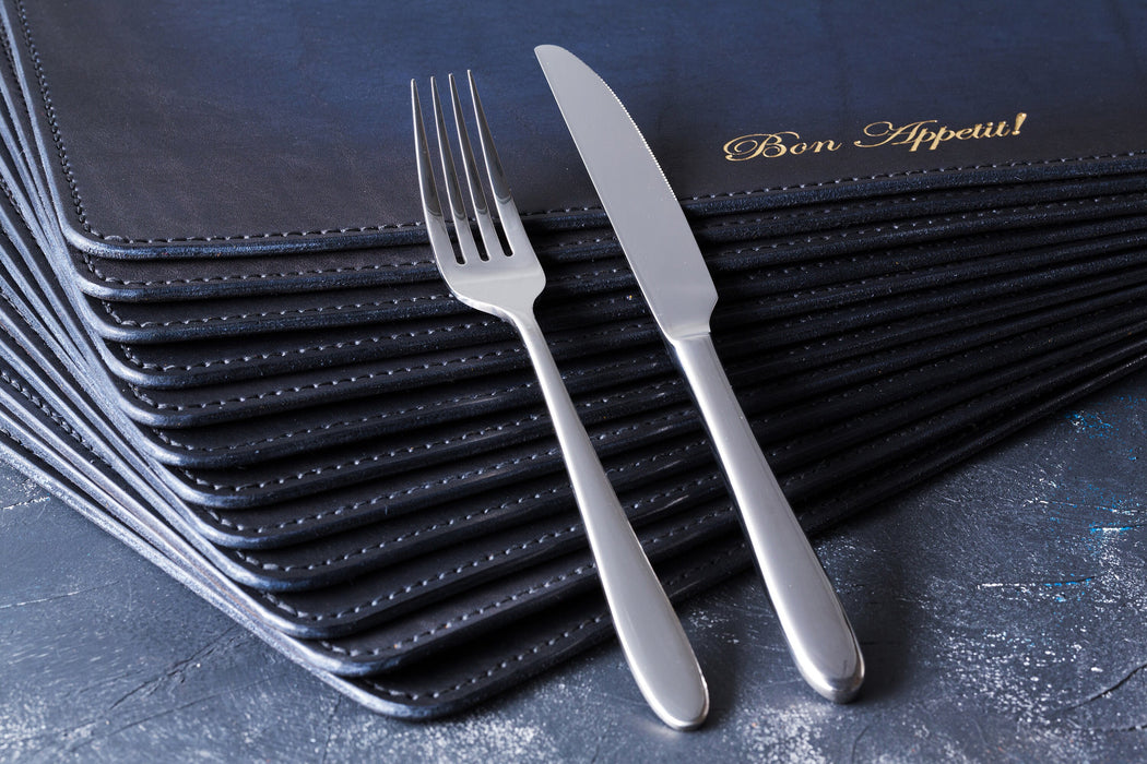 dining table leather placemats, leather dine table mats, glass table top, solid wood table top