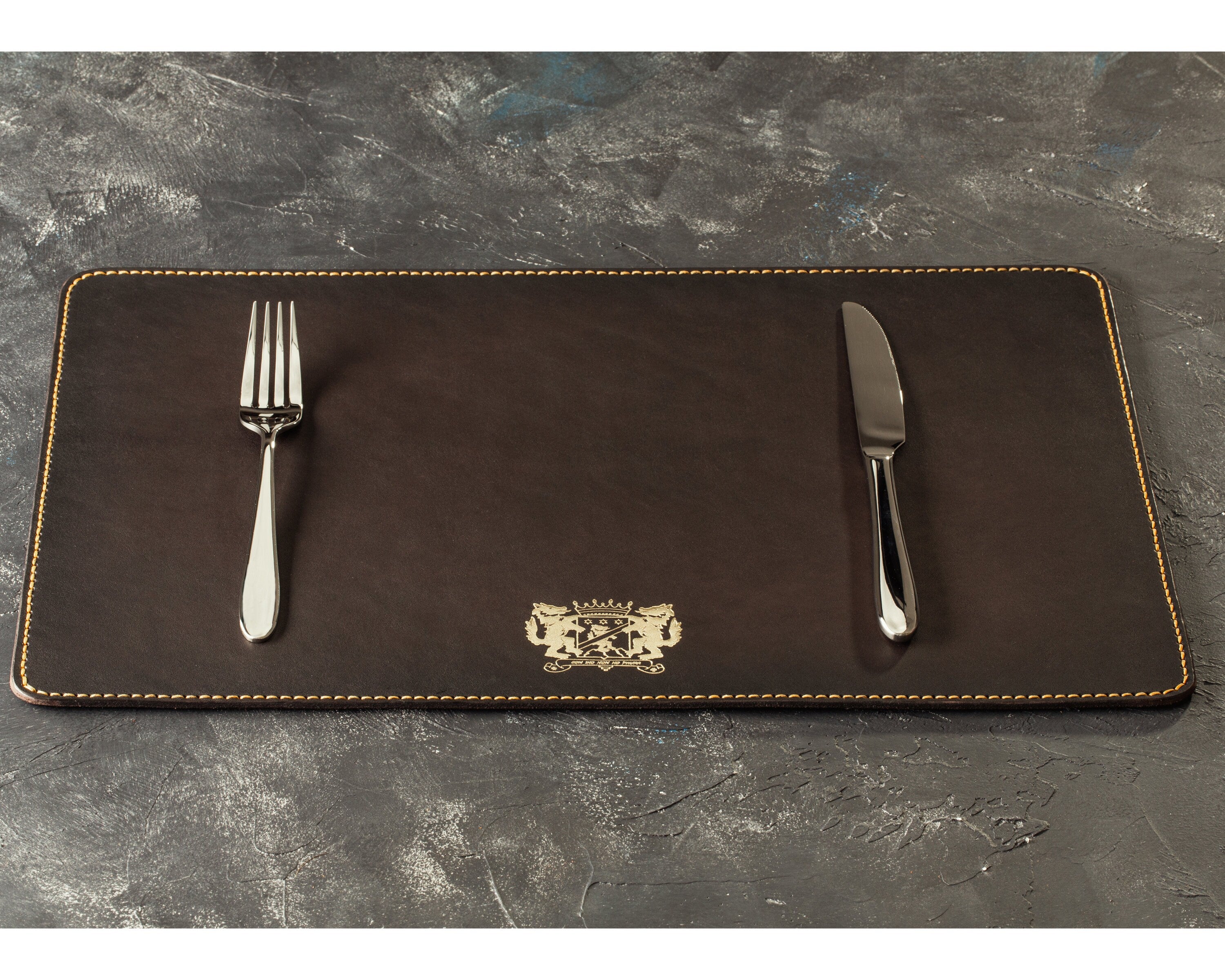 Luxury Leather Placemats with Gold Logo – Custom Set with Decorative Stitching
