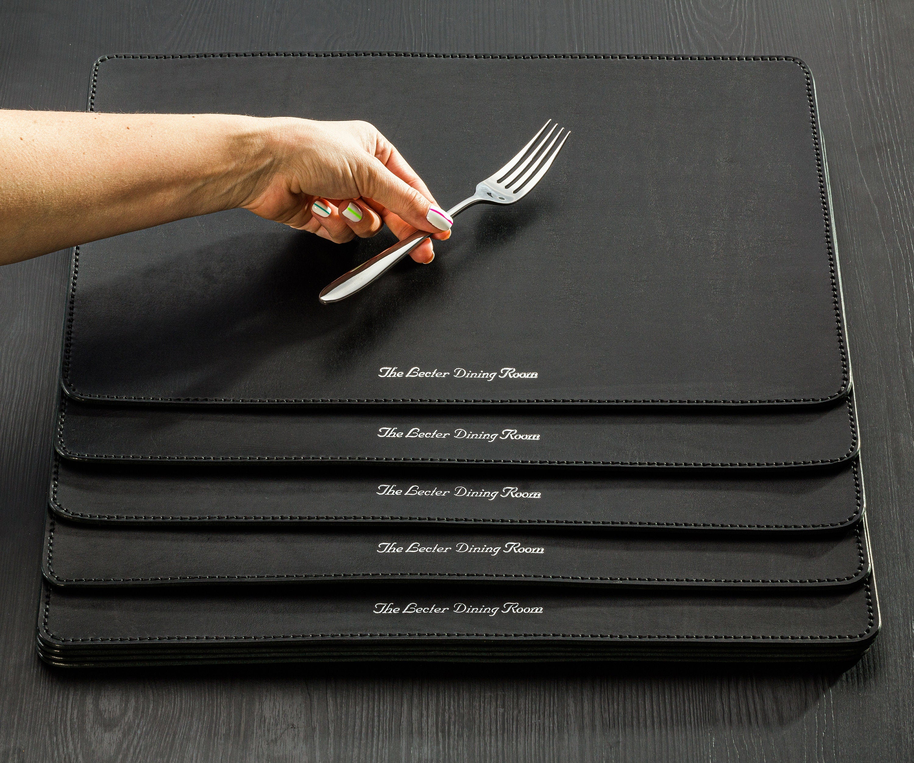 Handmade Black Leather Table Mats – Custom Embossing in Silver for Restaurants or Gifting