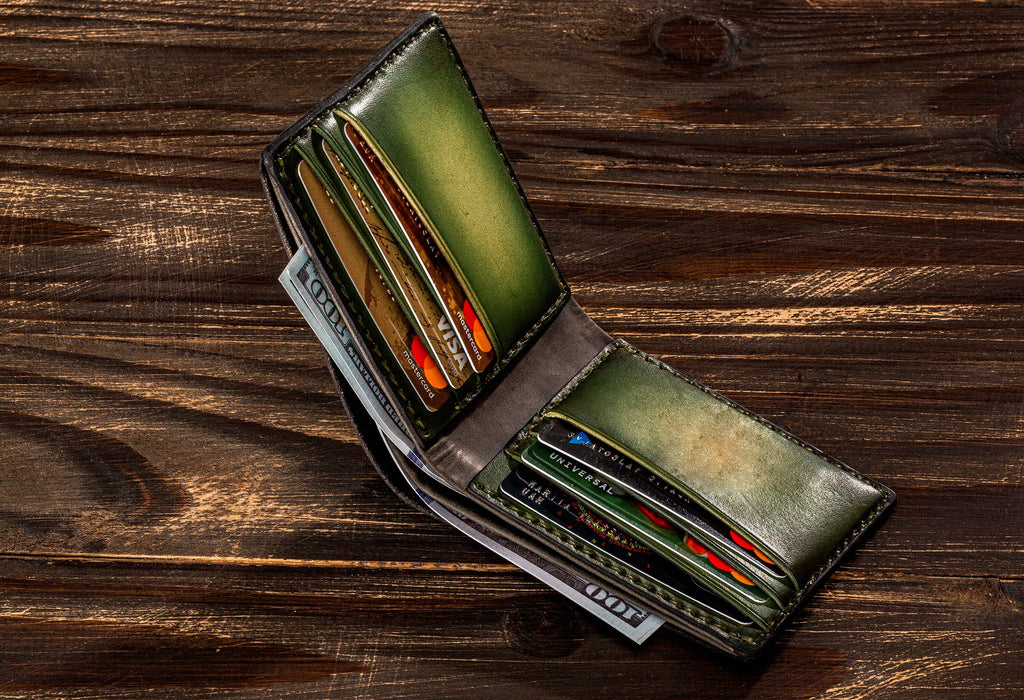 unique 100 dollars green leather wallet men bifold leather wallet mens