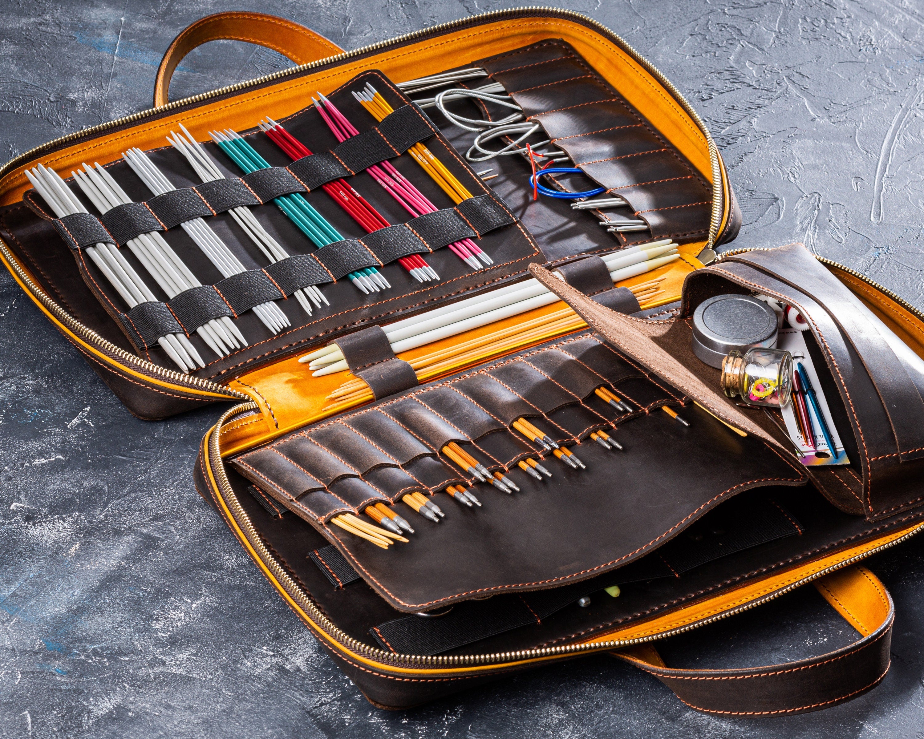 Leather Yarn Organizer Bag – Cognac Color – Gift for Crochet Lovers