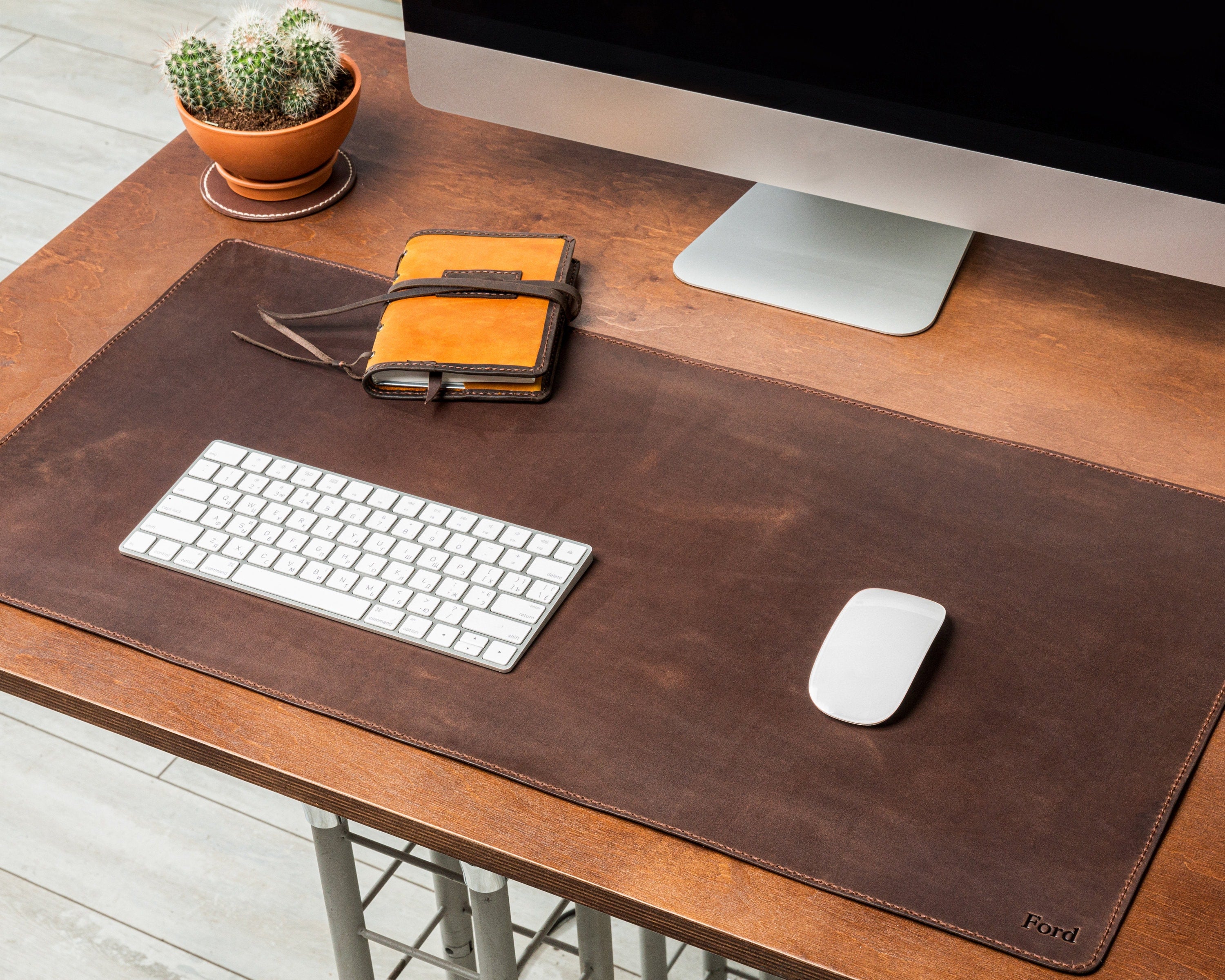 Brown Green Black leather desk mat