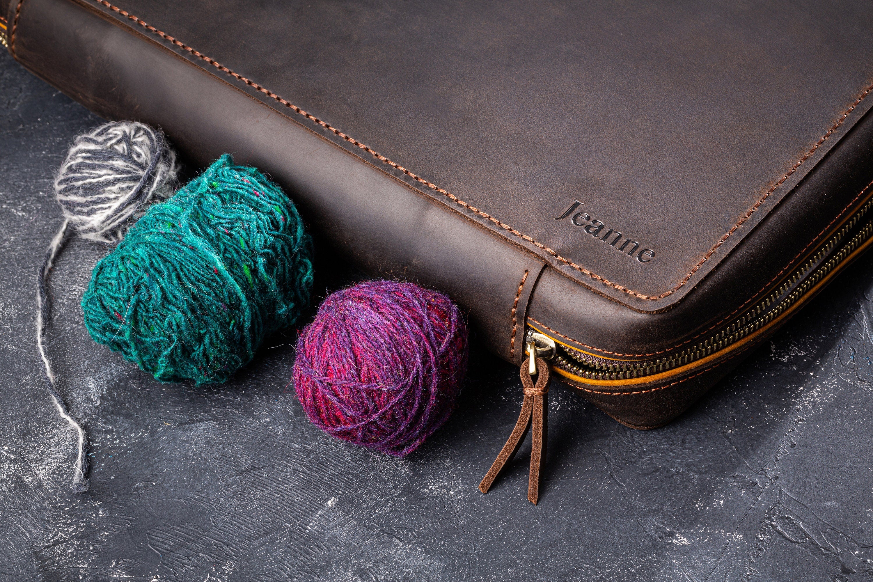 Craft Organizer Bag – Dark Brown Leather Tote for Yarn and Hooks