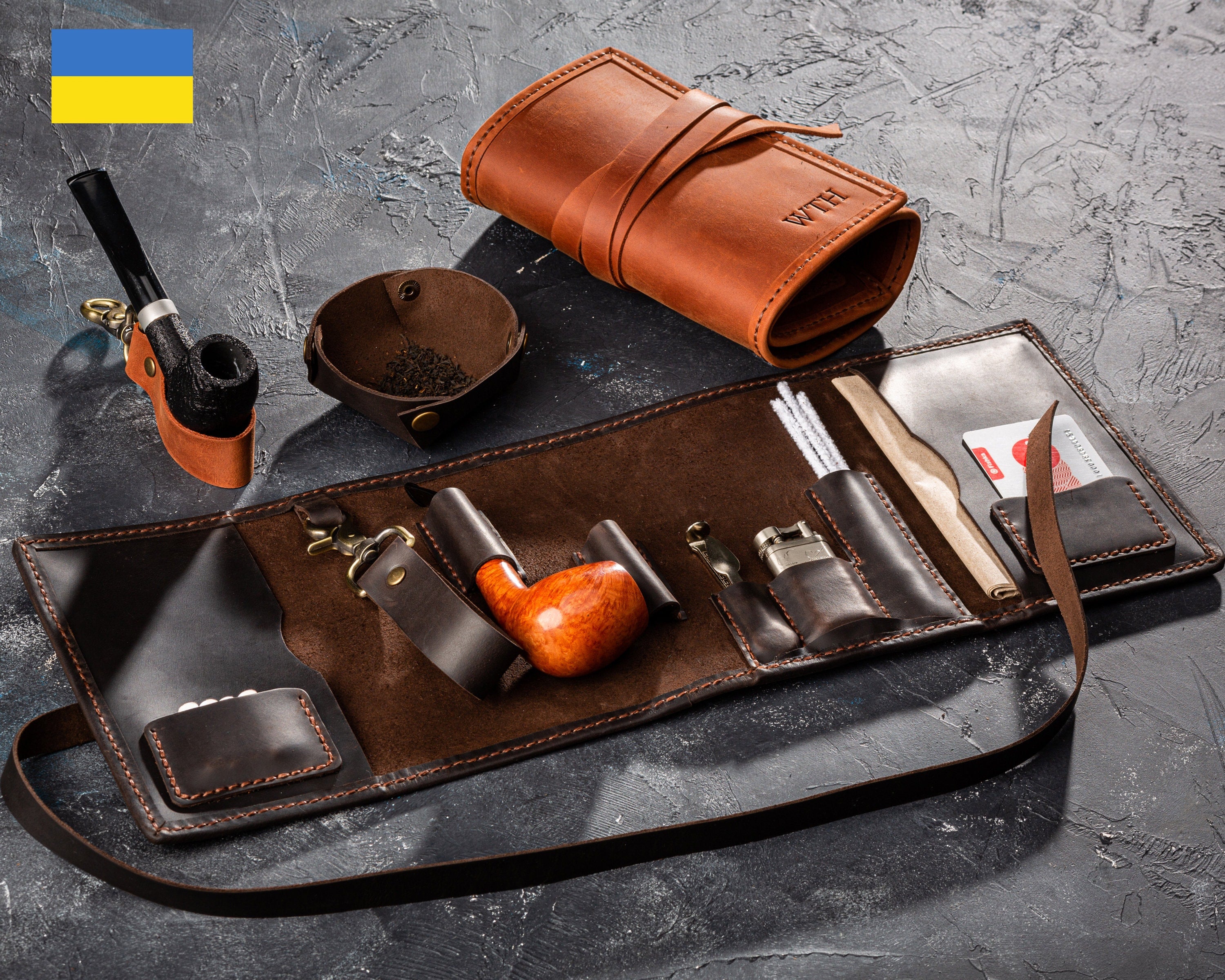 leather pipe tobacco pouch roll up Leather Pipe Roll – Minimalist Organizer for Pipe Smokers | Light Brown  (Cognac)
