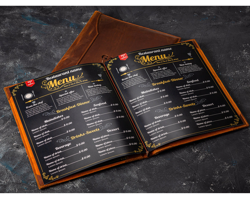 Leather menu folio book 8.5x11 or custom, personalize restaurant menu cover ring binder or fixing with corners, restaurant menu holder logo