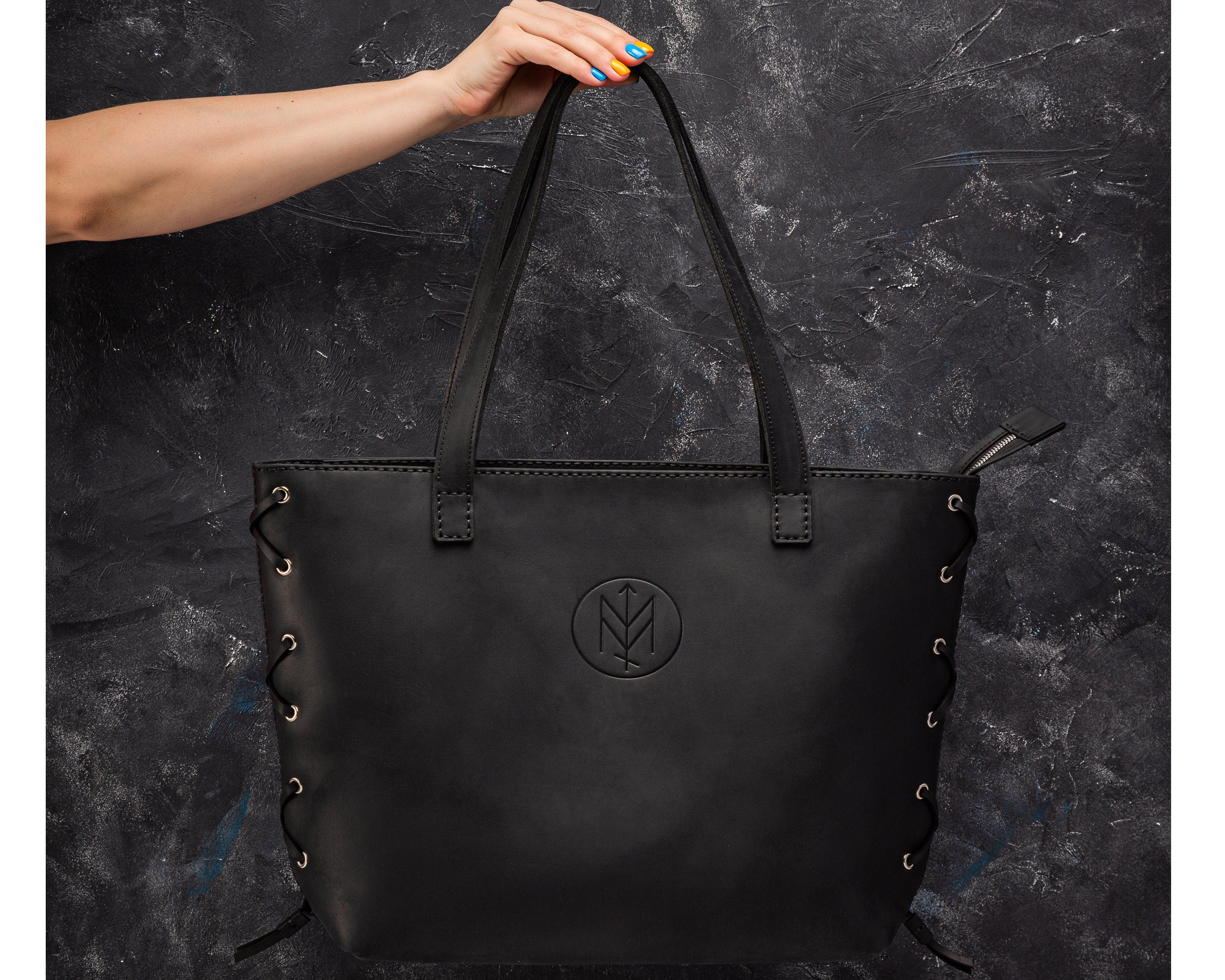Black Leather Tote Bag for Women – Unlined and Handmade