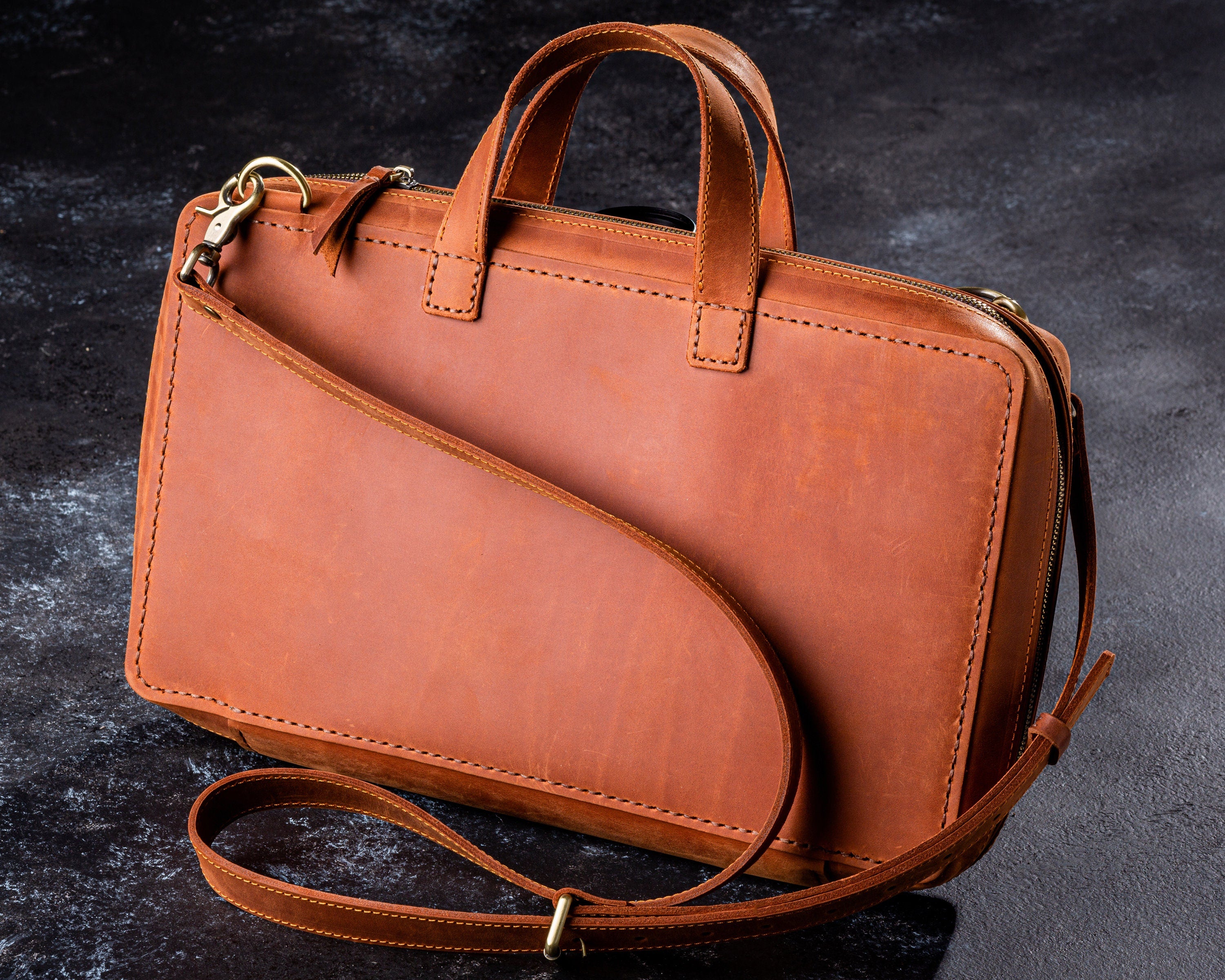 Personalized Leather Bag for Knitting & Crochet – Dark Brown Edition