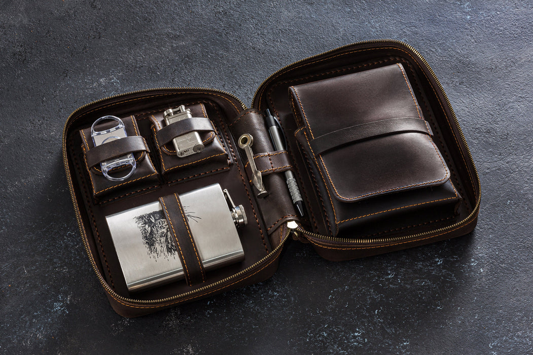 leather cigars case with flask pocket, personalized leather box for smoker