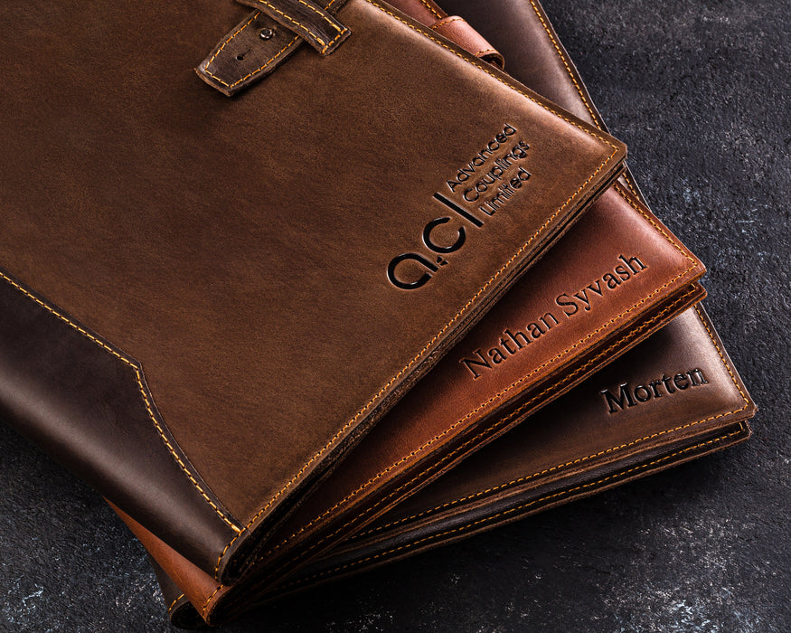 personalized leather padfolio with your logo or name– Mureli Workshop