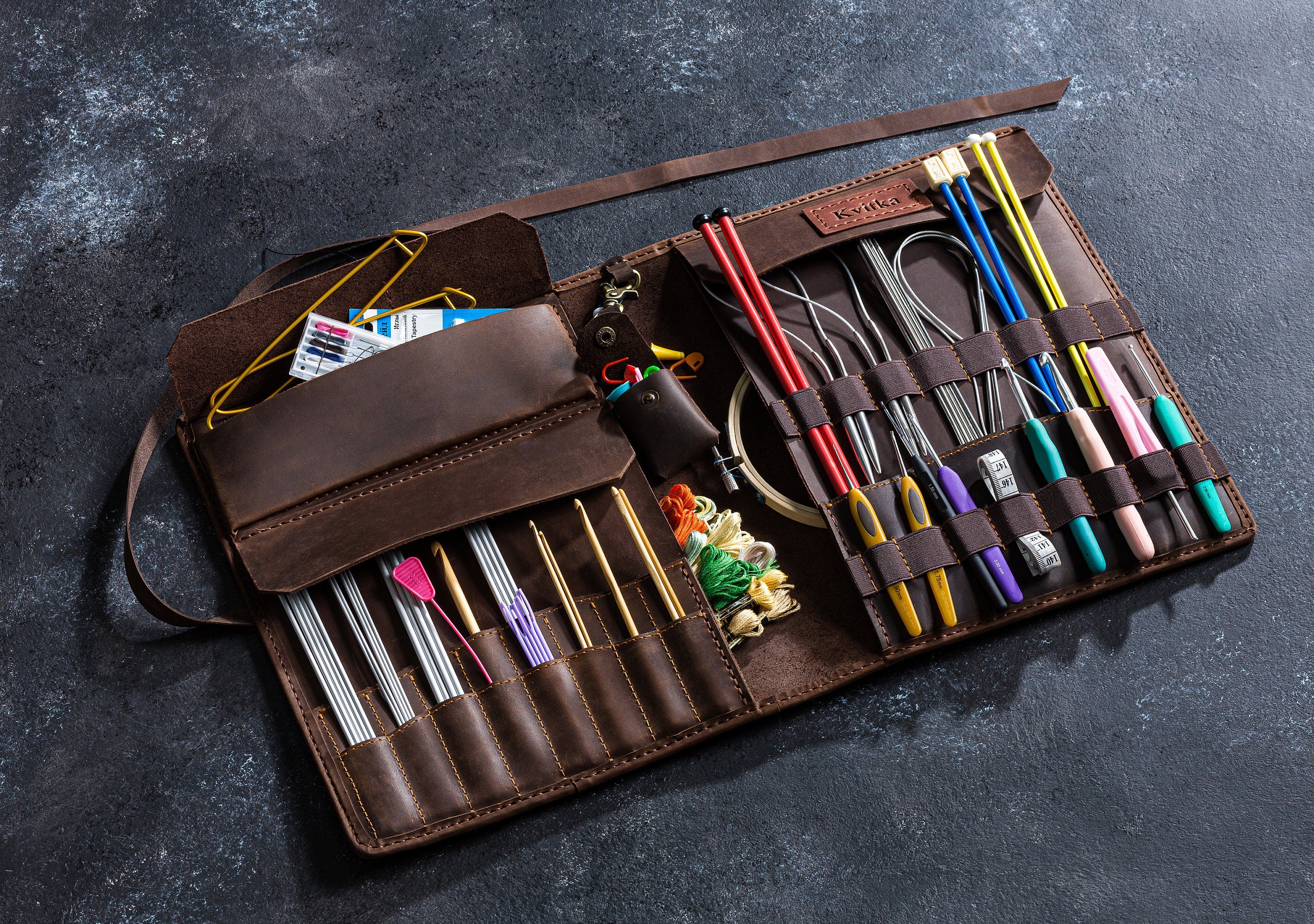 Knitting Needle & Hook Holder in Rustic Leather Finish