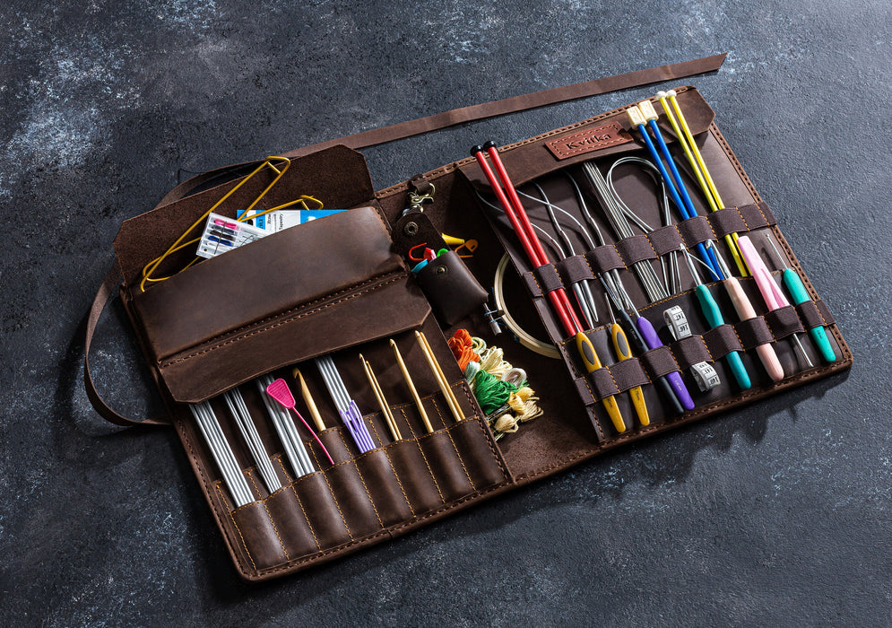 leather case for knitting needles & crochets needle case personalized sewing organizer Christmas gift for mom mother grandmother crochet kit