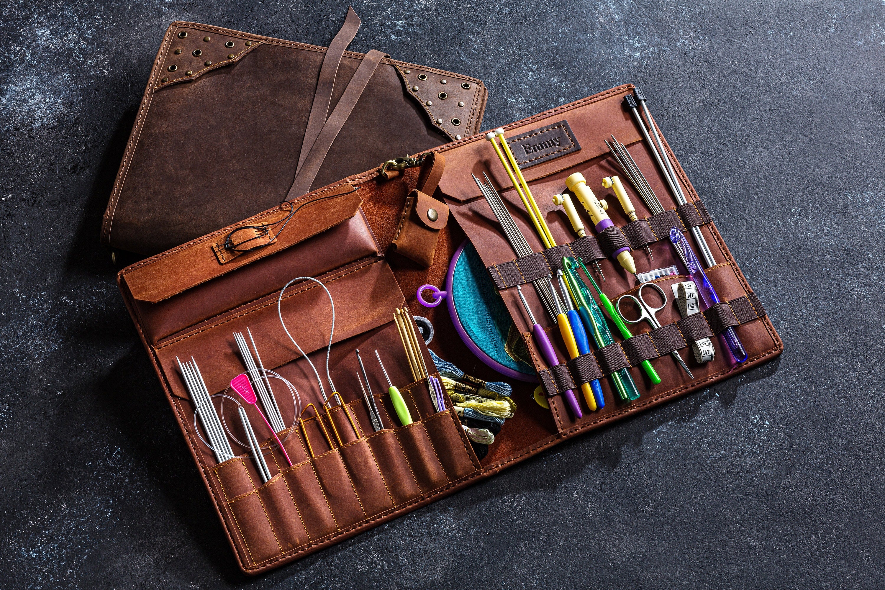 Rustic Leather Folder for Yarn Lovers and Knitting Tools