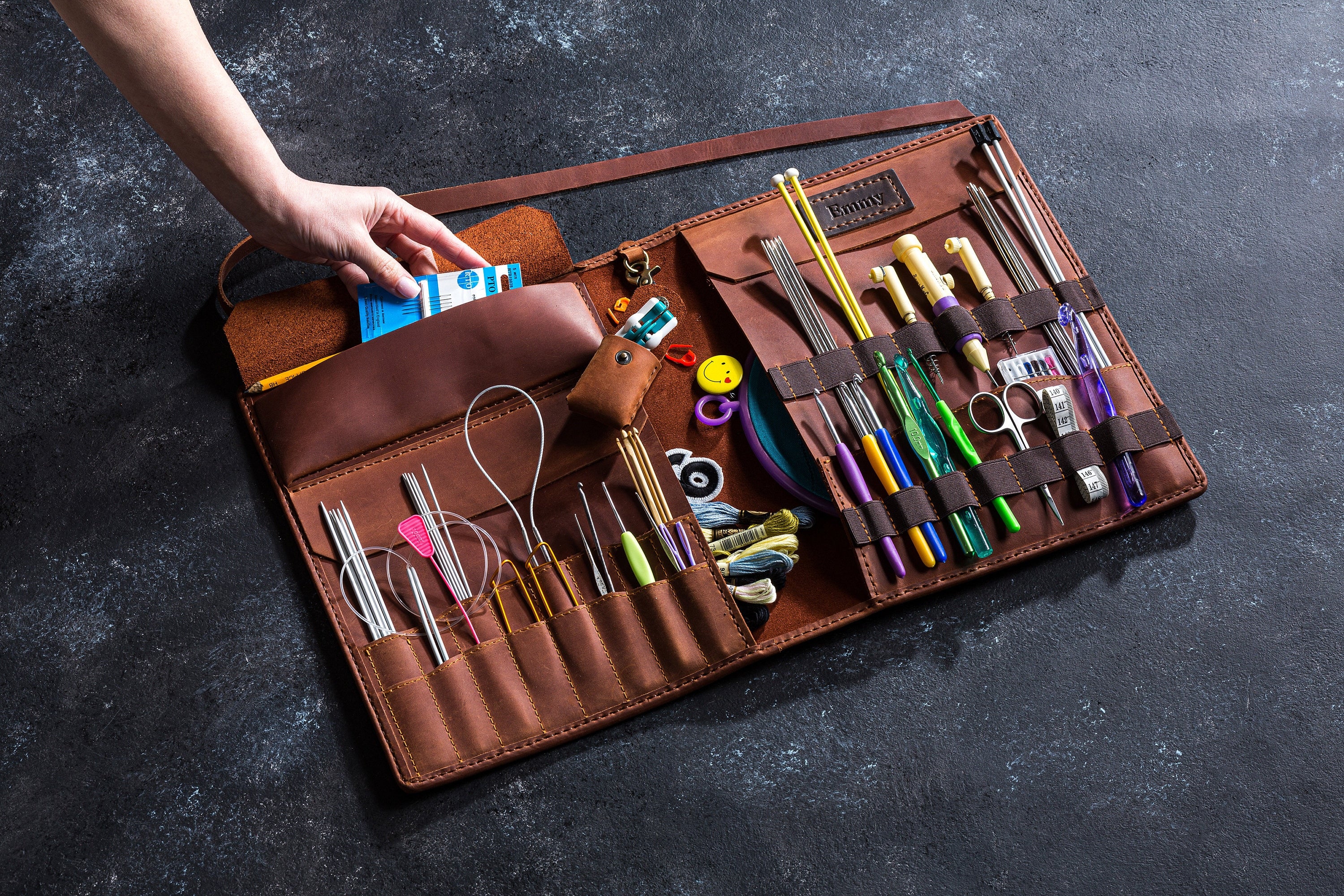 Gift for Knitters – Leather Organizer for Crochet and Yarn Tools