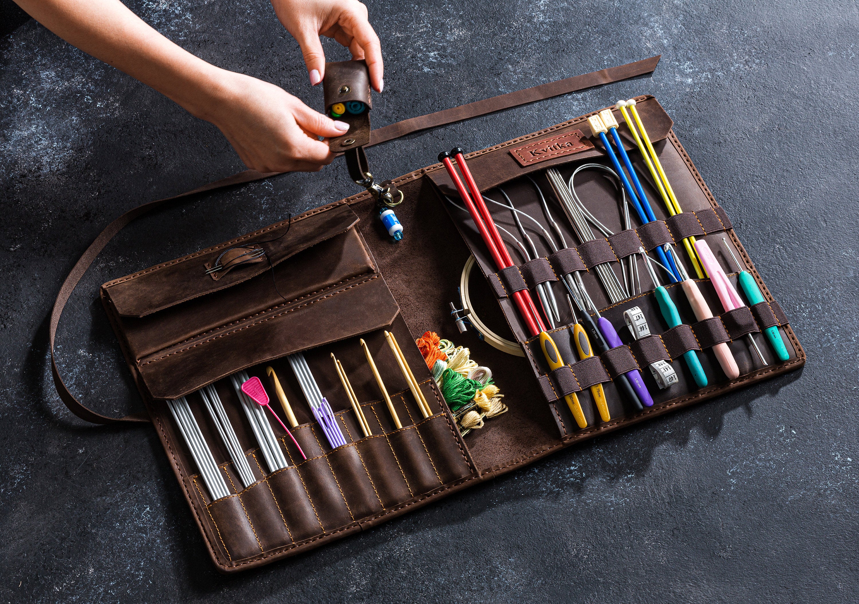 Personalized Leather Knitting Organizer for Needles & Hooks