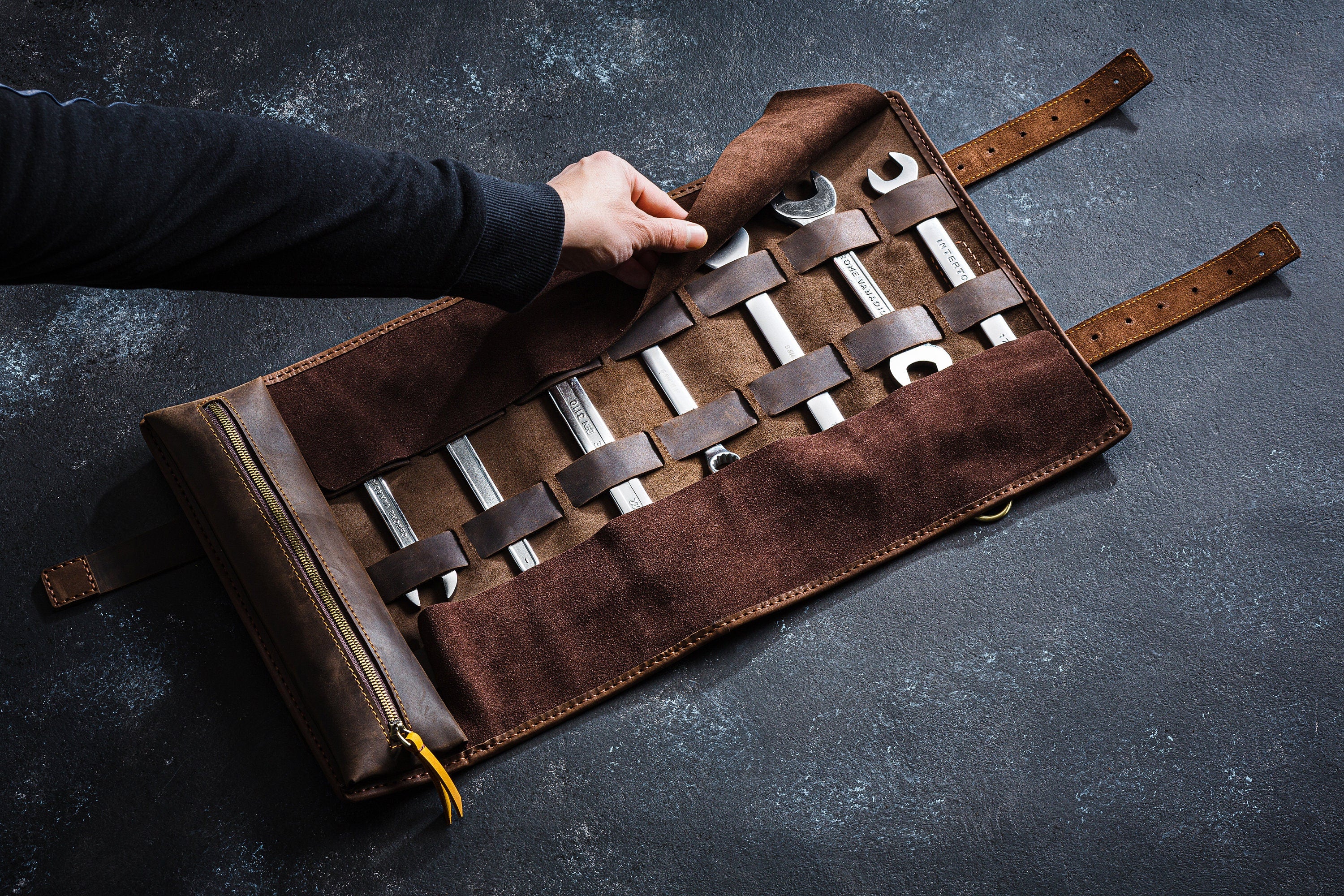 personalized leather tool roll up biker gift, toll bag roll gift for husband, tool kit repair kit case