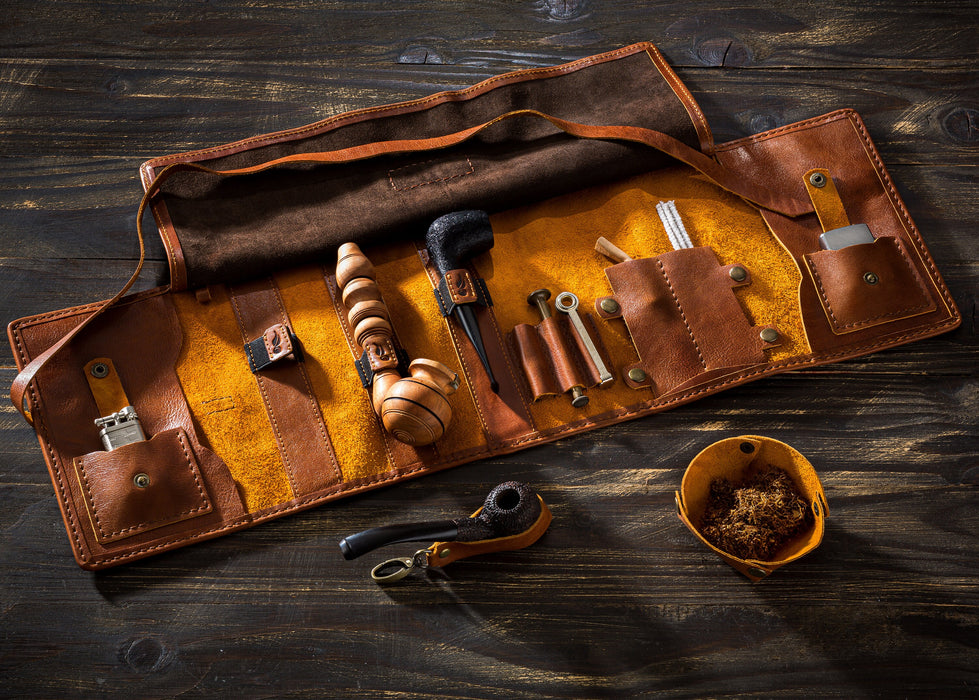 leather pipes for tobacco case, leather roll up for 3 pipes, tobacco and pipe holder, High Quality pipe pouch, anniversary gifts for husband